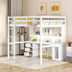 Cama alta doble/matrimonial con escritorio multi-almacenamiento, luz LED y bandeja de noche, estación de carga, blanco