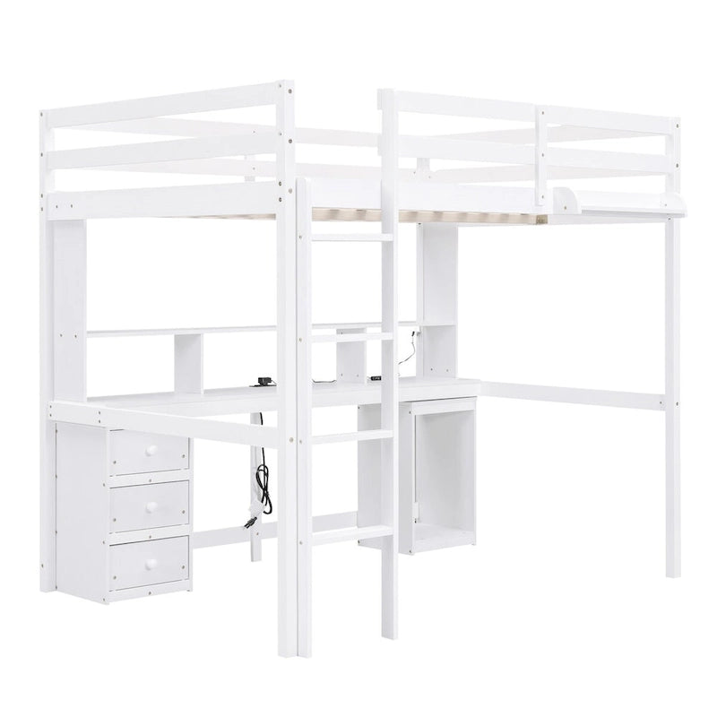 Cama alta doble/matrimonial con escritorio multi-almacenamiento, luz LED y bandeja de noche, estación de carga, blanco