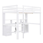 Cama alta doble/matrimonial con escritorio multi-almacenamiento, luz LED y bandeja de noche, estación de carga, blanco