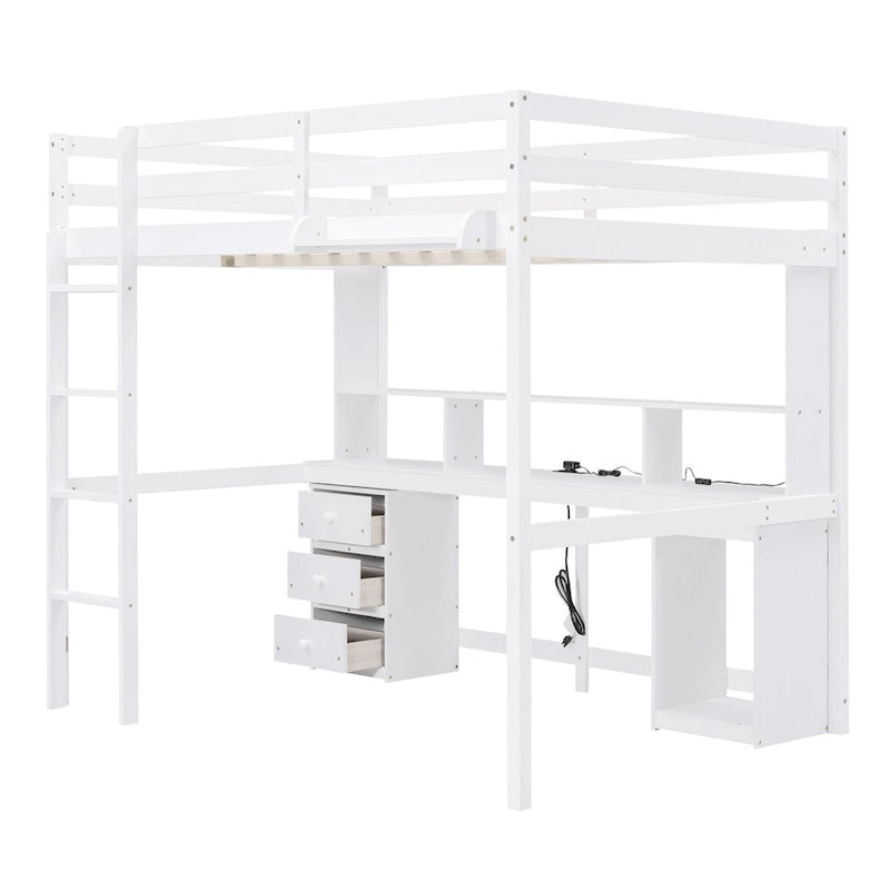 Cama alta doble/matrimonial con escritorio multi-almacenamiento, luz LED y bandeja de noche, estación de carga, blanco
