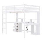 Cama alta doble/matrimonial con escritorio multi-almacenamiento, luz LED y bandeja de noche, estación de carga, blanco