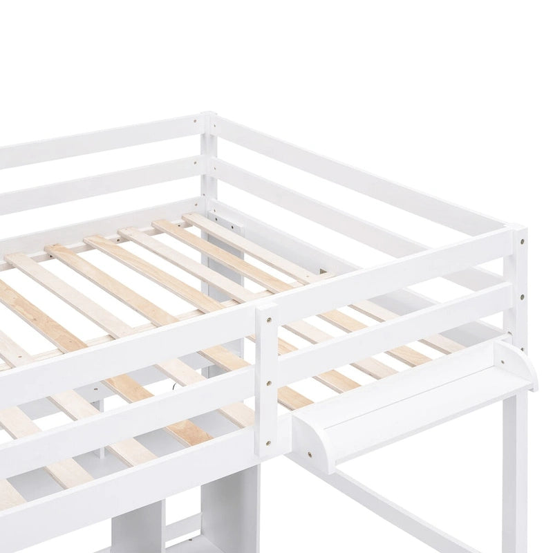 Cama alta doble/matrimonial con escritorio multi-almacenamiento, luz LED y bandeja de noche, estación de carga, blanco