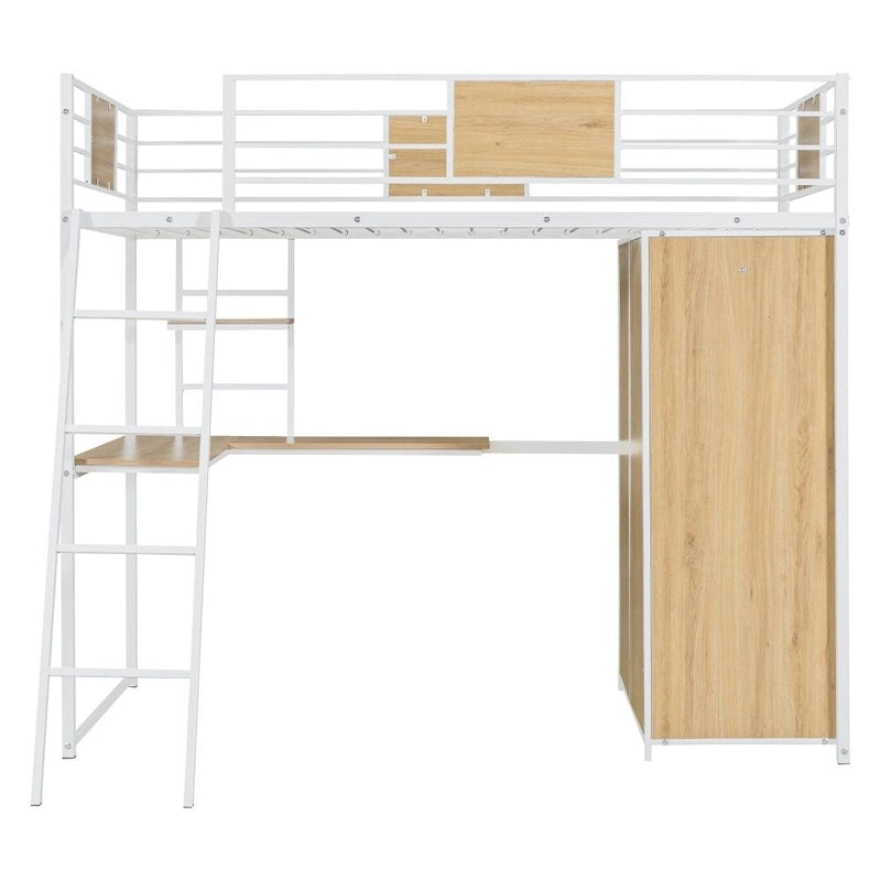 Cama alta individual con escritorio en forma de L y armario