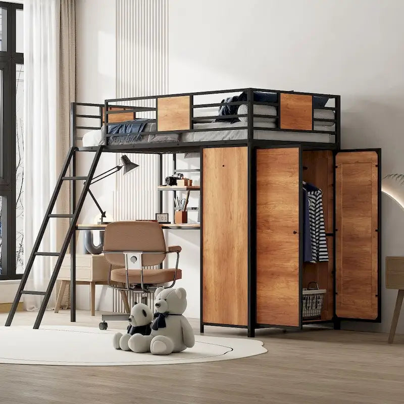 Cama alta individual con escritorio en forma de L y armario
