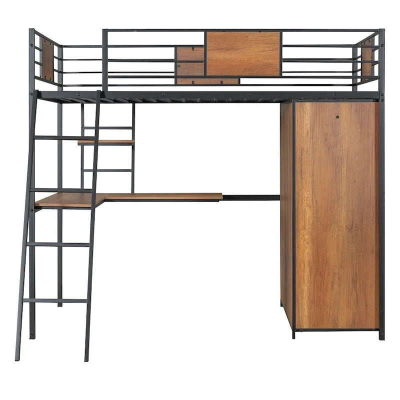 Cama alta individual con escritorio en forma de L y armario