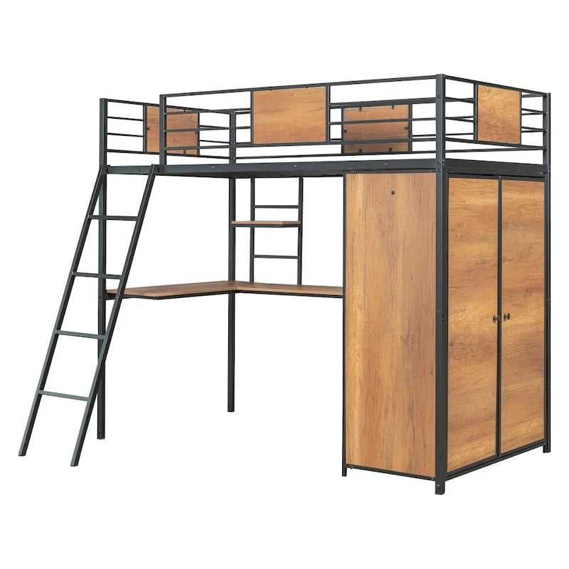 Cama alta individual con escritorio en forma de L y armario