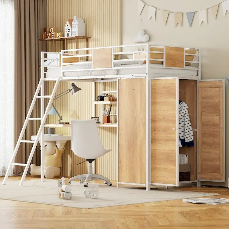 Cama alta individual con escritorio en forma de L y armario