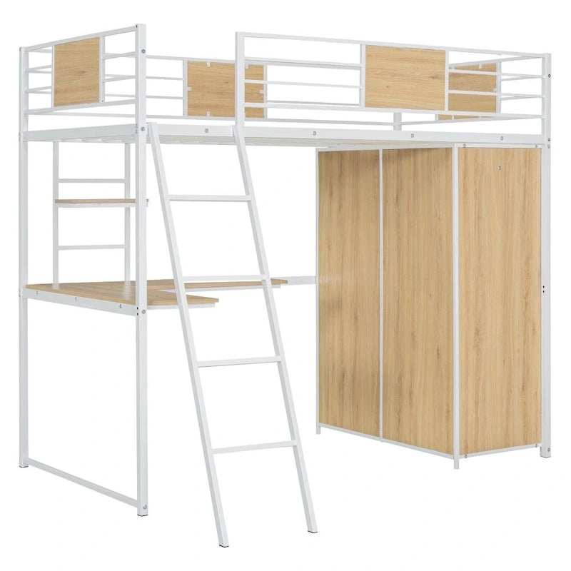Cama alta individual con escritorio en forma de L y armario