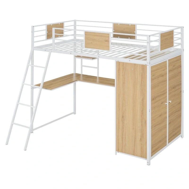 Cama alta individual con escritorio en forma de L y armario