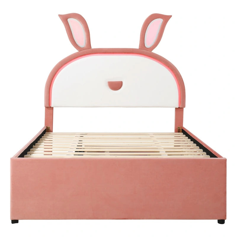 Cama Plataforma Rosa Totalmente Tapizada con Nido, 3 Cajones y Cabecero LED de Conejo