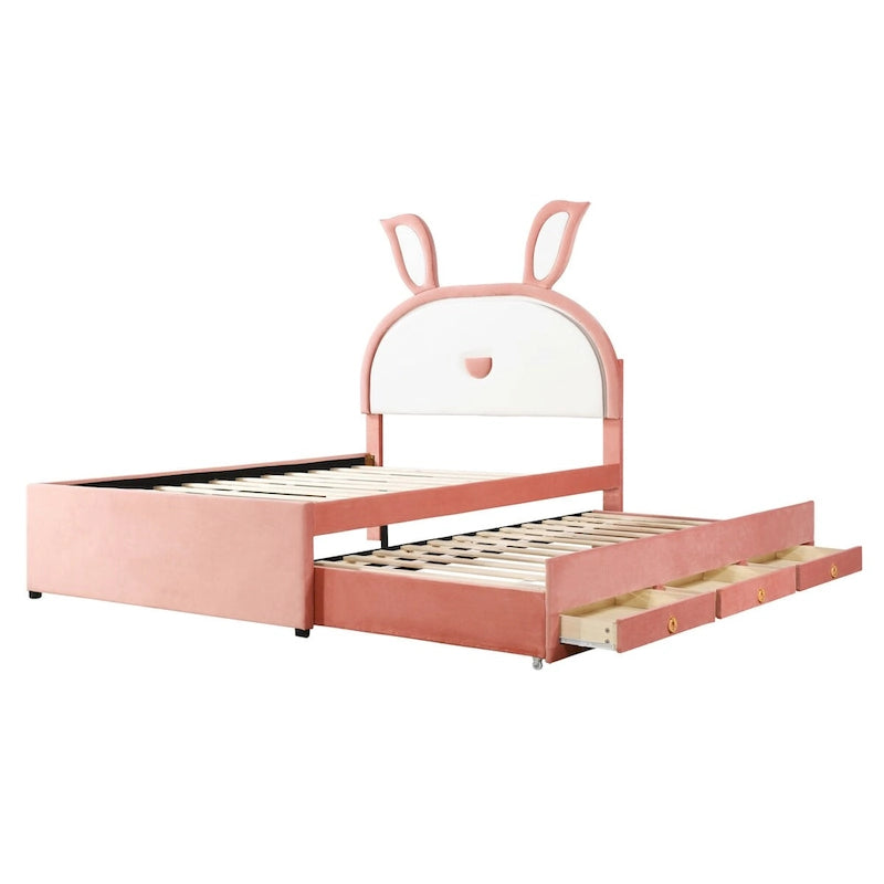 Cama Plataforma Rosa Totalmente Tapizada con Nido, 3 Cajones y Cabecero LED de Conejo