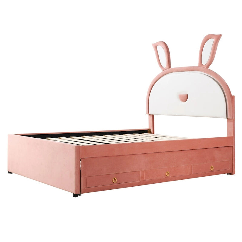Cama Plataforma Rosa Totalmente Tapizada con Nido, 3 Cajones y Cabecero LED de Conejo