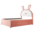 Cama Plataforma Rosa Totalmente Tapizada con Nido, 3 Cajones y Cabecero LED de Conejo