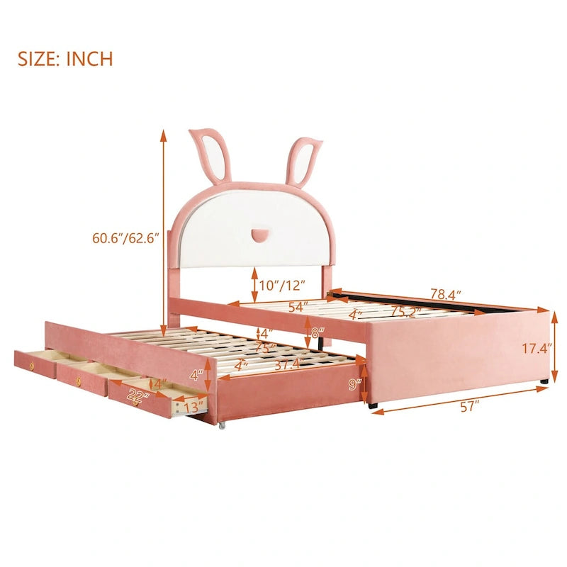 Cama Plataforma Rosa Totalmente Tapizada con Nido, 3 Cajones y Cabecero LED de Conejo