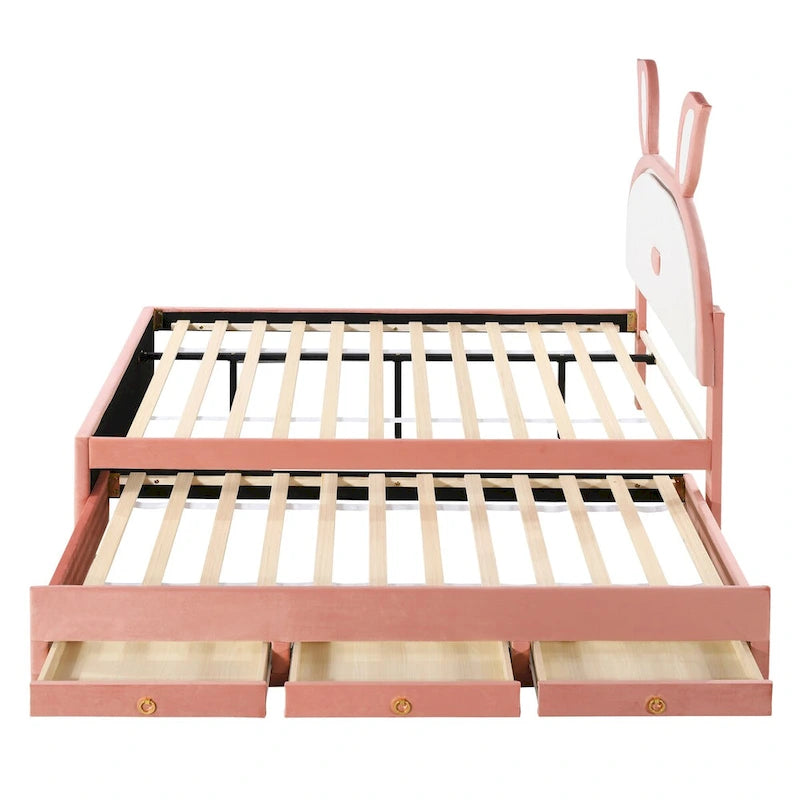 Cama Plataforma Rosa Totalmente Tapizada con Nido, 3 Cajones y Cabecero LED de Conejo