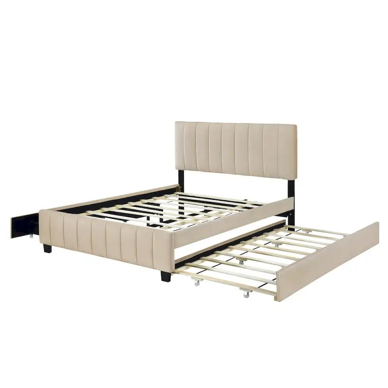 Cama de plataforma tamaño Queen tapizada en terciopelo con 2 cajones y 1 nido Twin XL