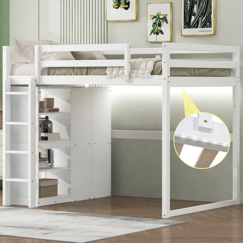 Cama alta de madera de tamaño matrimonial con armario y estantes de almacenamiento integrados