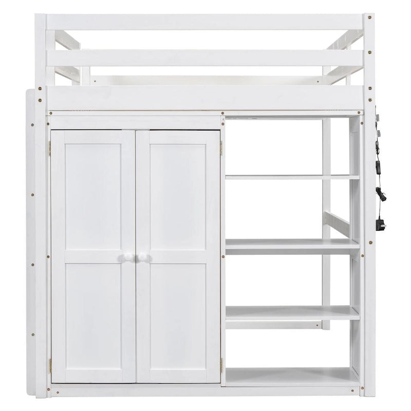 Cama alta de madera de tamaño matrimonial con armario y estantes de almacenamiento integrados