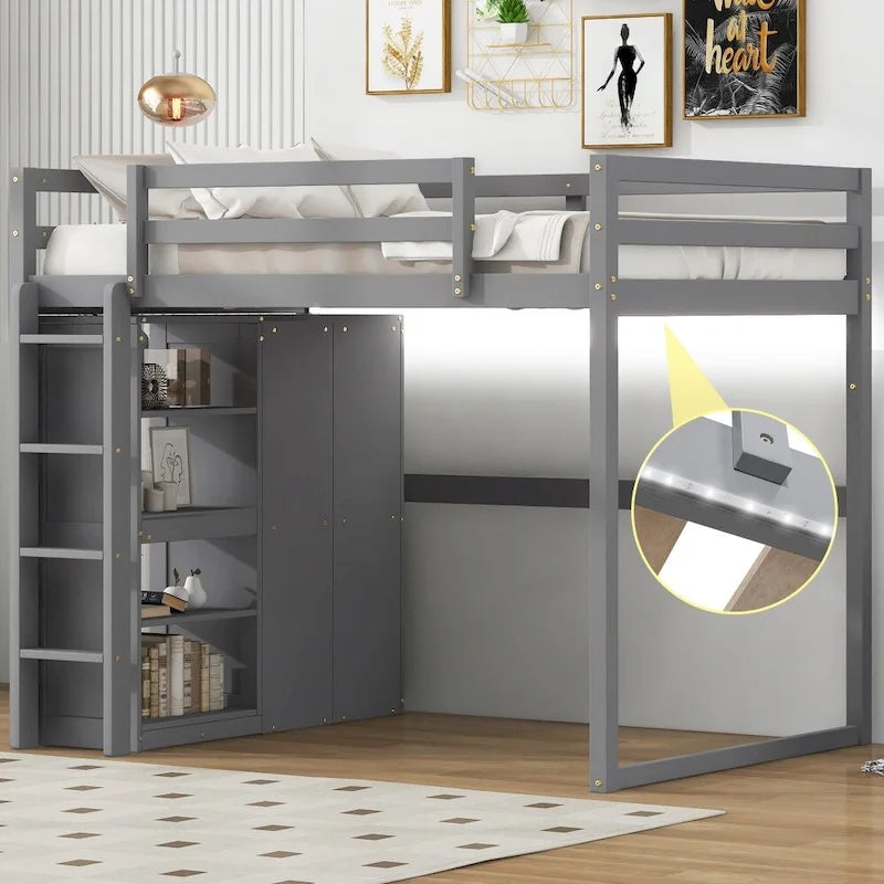 Cama alta de madera de tamaño matrimonial con armario y estantes de almacenamiento integrados