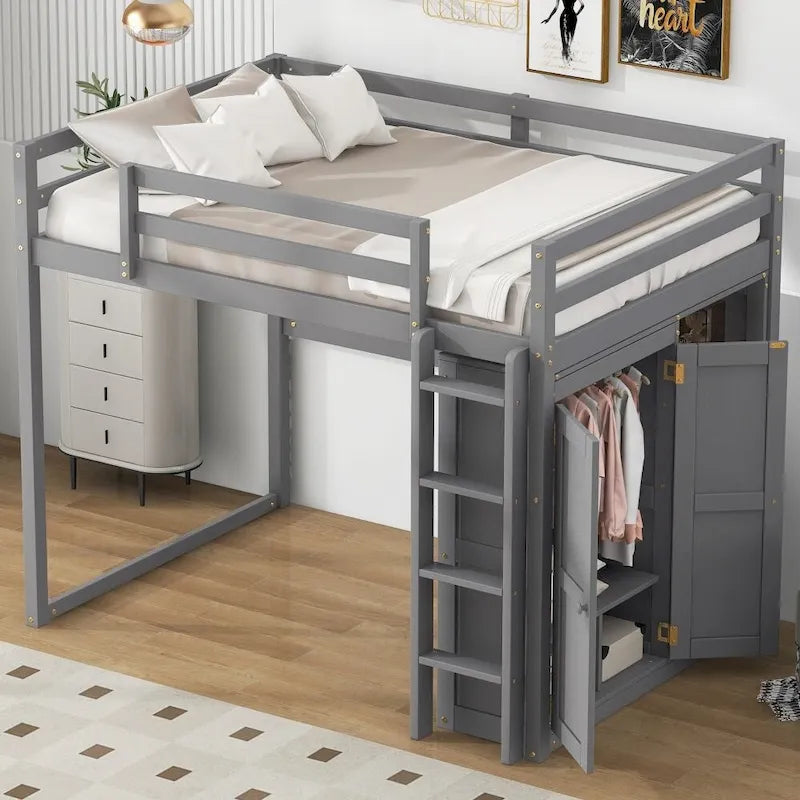 Cama alta de madera de tamaño matrimonial con armario y estantes de almacenamiento integrados