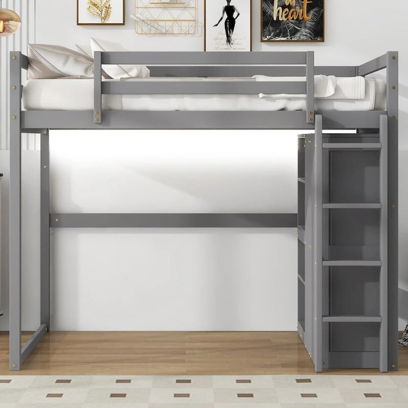 Cama alta de madera de tamaño matrimonial con armario y estantes de almacenamiento integrados