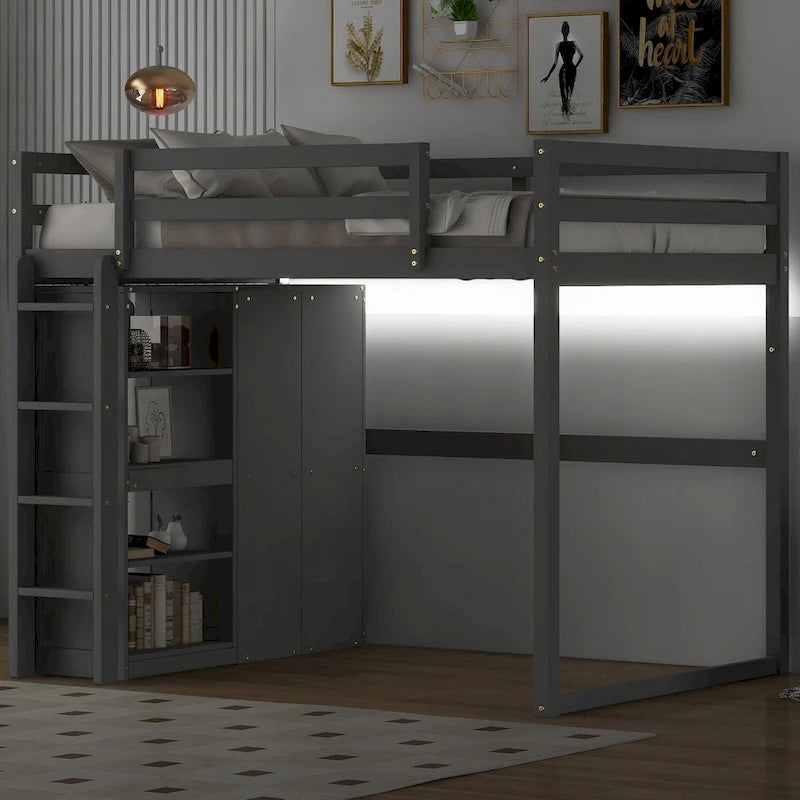 Cama alta de madera de tamaño matrimonial con armario y estantes de almacenamiento integrados