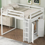 Cama alta de madera de tamaño matrimonial con armario y estantes de almacenamiento integrados