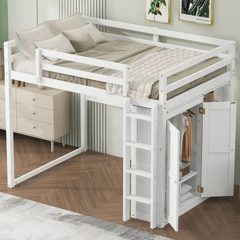 Cama alta de madera de tamaño matrimonial con armario y estantes de almacenamiento integrados