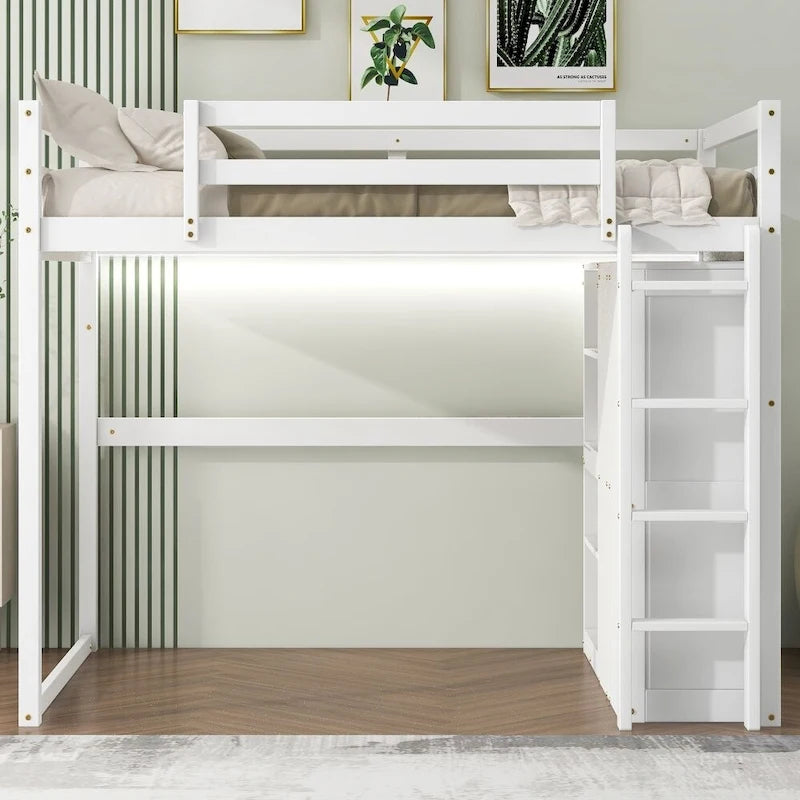 Cama alta de madera de tamaño matrimonial con armario y estantes de almacenamiento integrados