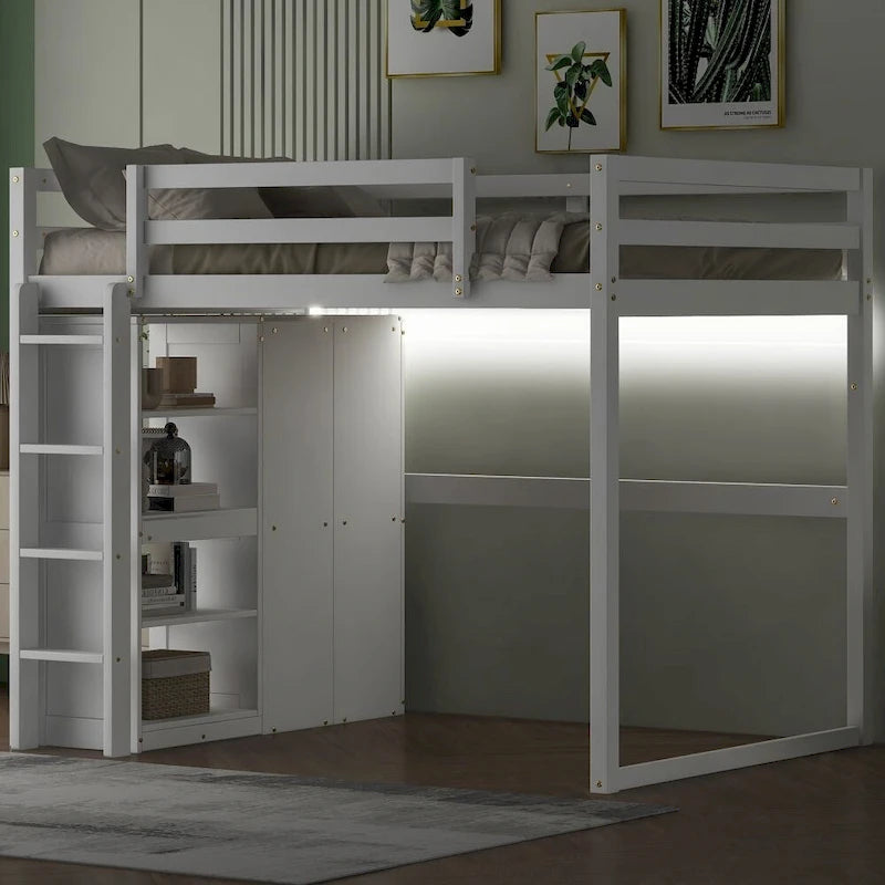 Cama alta de madera de tamaño matrimonial con armario y estantes de almacenamiento integrados