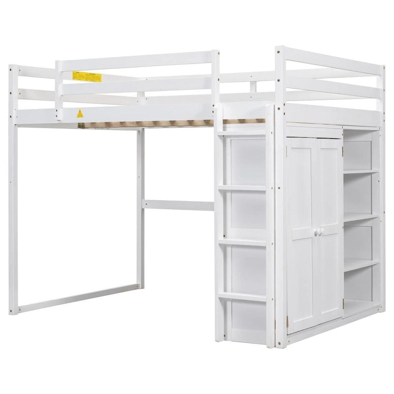 Cama alta de madera de tamaño matrimonial con armario y estantes de almacenamiento integrados
